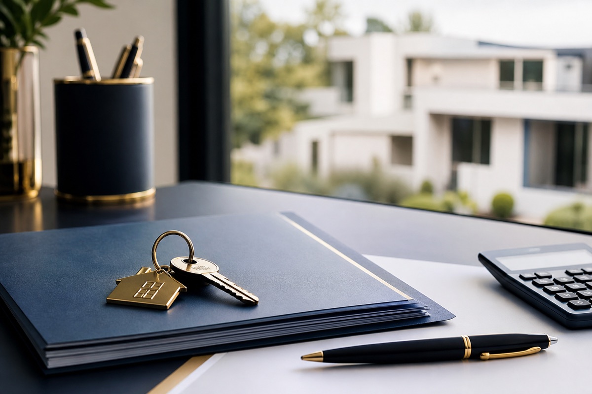 Dossier de crédit immobilier avec clés et calculatrice sur un bureau professionnel